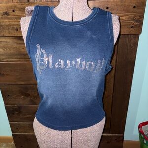 PLAYBOY Denim Blue Rhinestone Sleeveless Top